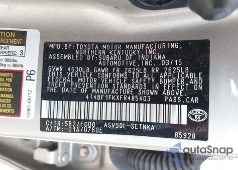 2015 Toyota Camry Le/Se/Xle/Xse z USA, uszkodzony, nr VIN 4T4BF1FKXFR485403